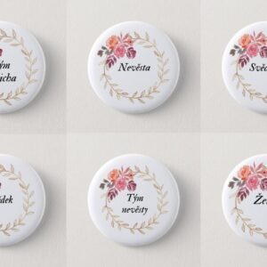 Svatební placky ženich, nevěsta, tým ženicha, tým nevěsty, svědkyně, svědek