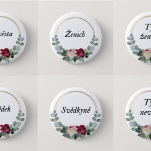 Svatební placky ženich, nevěsta, tým ženicha, tým nevěsty, svědkyně, svědek
